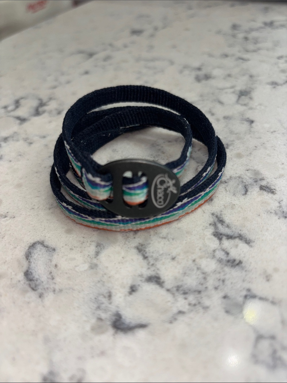 Chaco Navy and Multicolor Woven wrist Wrap Bracelet with Black Logo Clasp